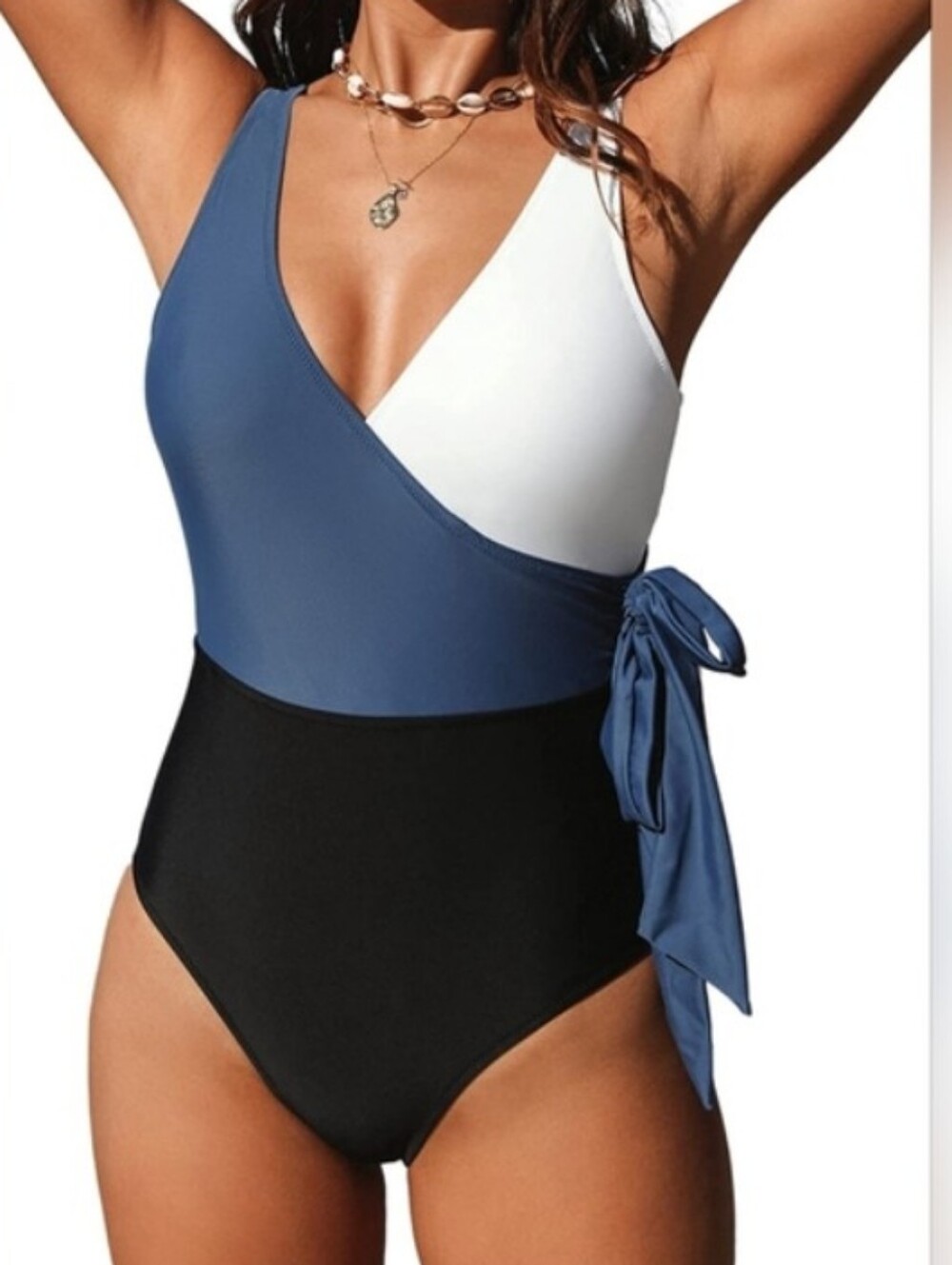 CUPSHE COLOR BLOCK SIDE TIE ONE PIECE SWIMSUIT Black White Slate Grey SIZE SMALL